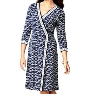 TALBOTS Women XS Navy Blue White Geometric Print Faux Wrap 3/4 Sleeve Midi Dress